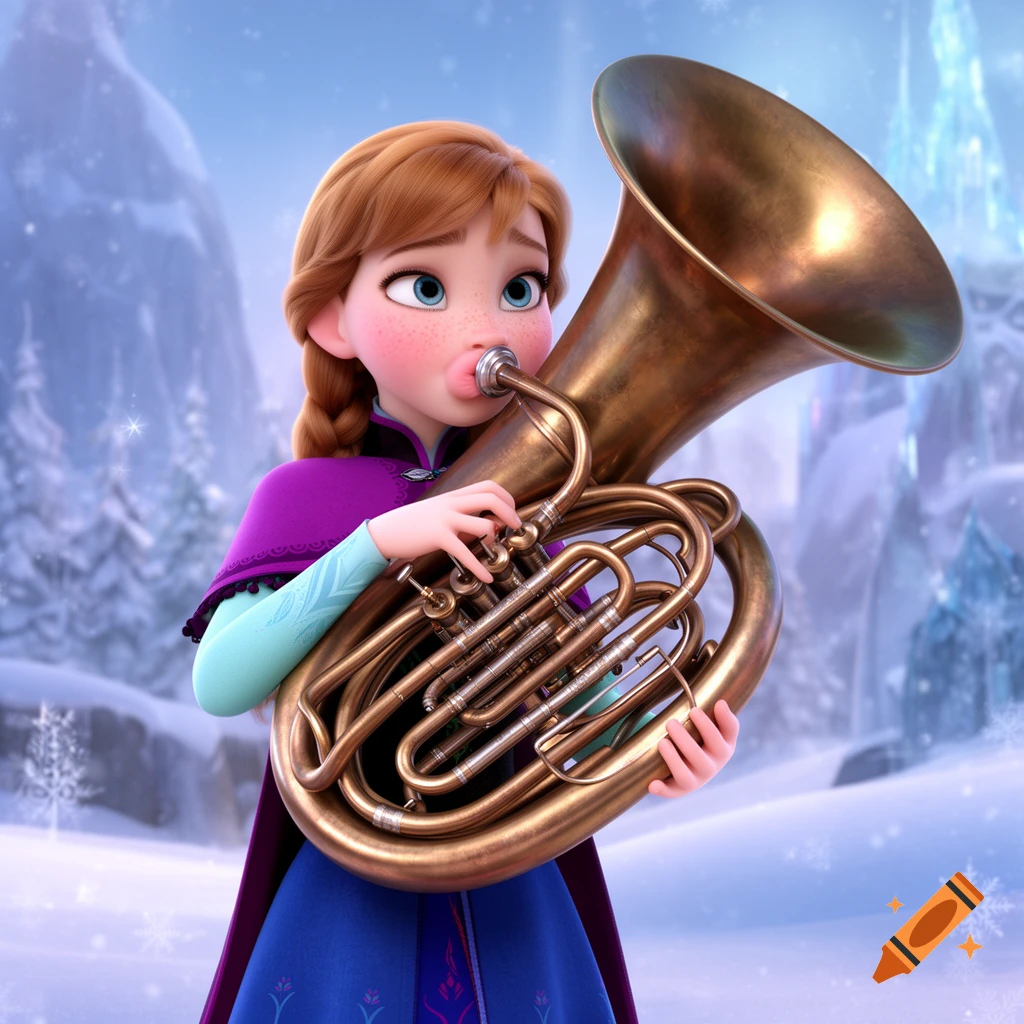 Animated Anna from Frozen plays a bronze tuba with puffy cheeks in a ...