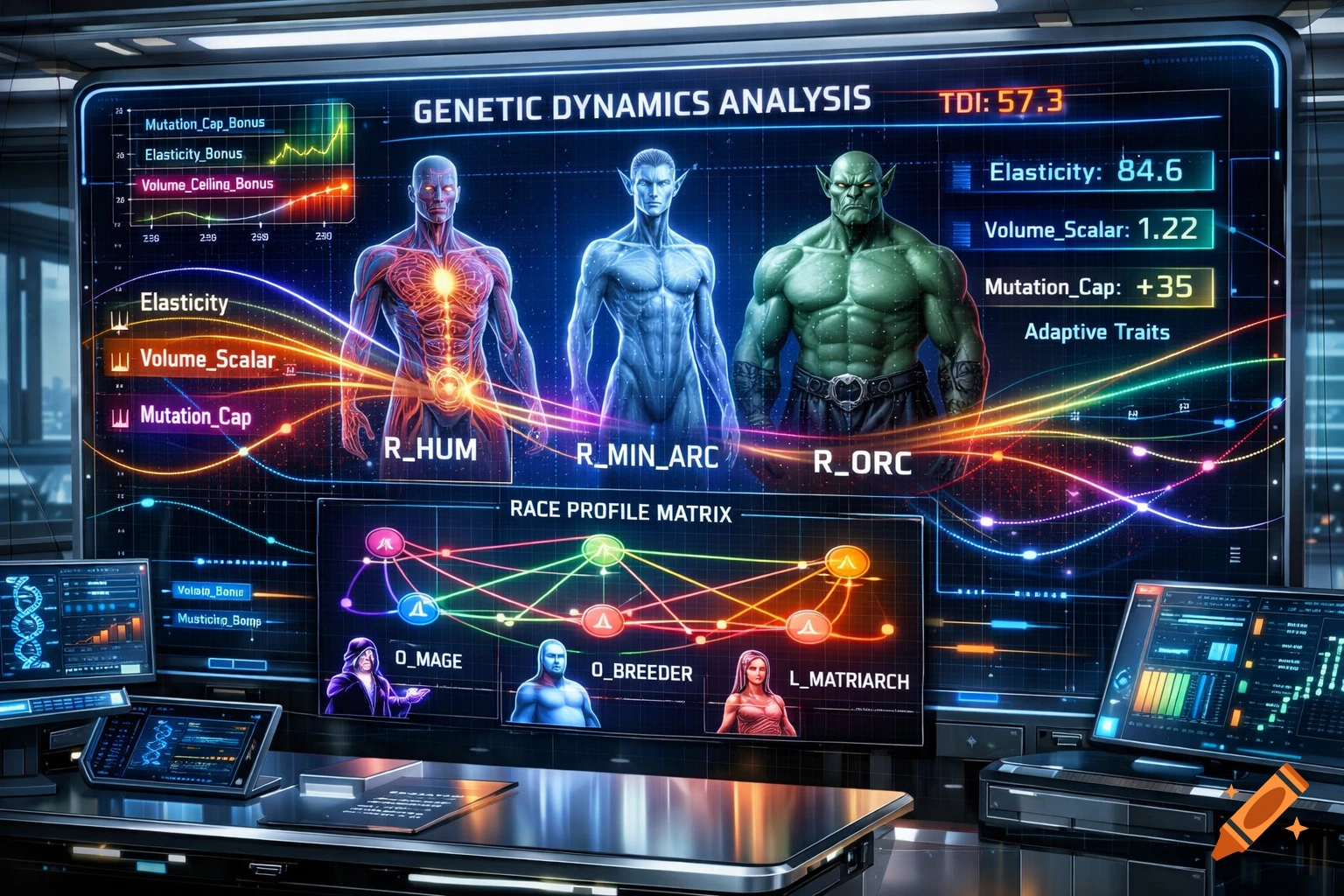 A futuristic holographic display showing 'Genetic Dynamics Analysis' with diagrams of a human, an elf, and an orc, surrounded by data points, charts, and a 'Race Profile Matrix'.