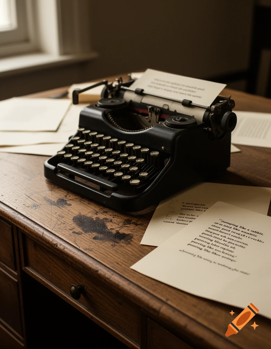 A close-up of a vintage black typewriter on a dark wooden desk, with several sheets of paper scattered around it.