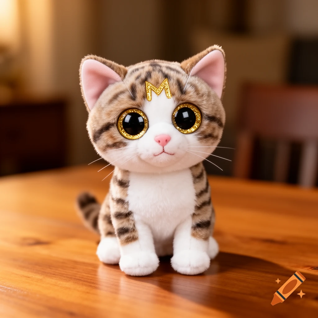A realistic Ty Beanie Boo-style plush tabby cat with white, brown, and gray stripes, gold glitter eyes, and a golden M on its forehead, sitting on a wooden table.