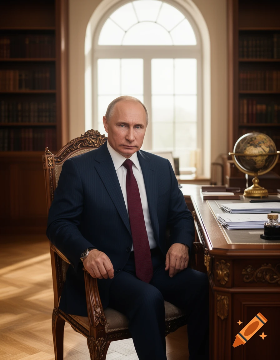 A photorealistic portrait of Vladimir Putin in a dark suit and red tie, seated at a desk in a formal office with bookshelves and a window.