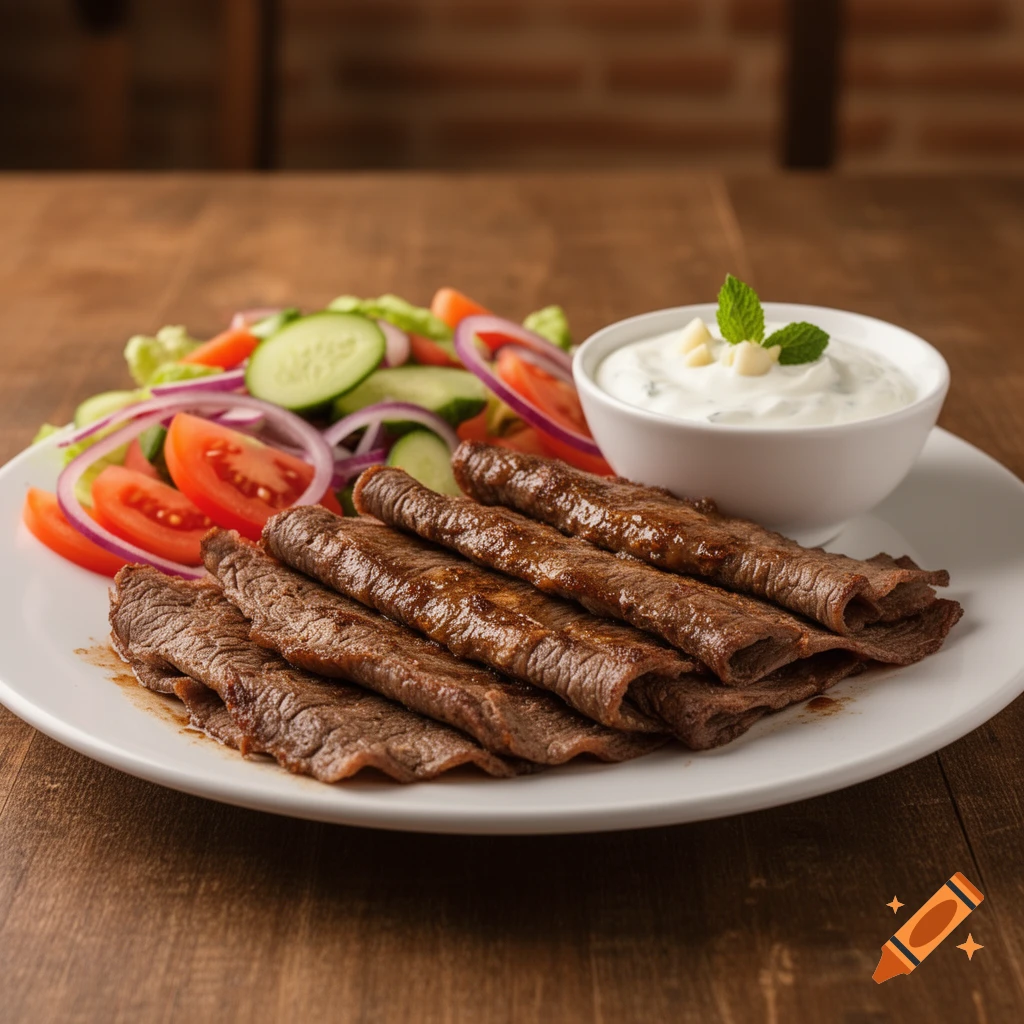 A close-up of thinly sliced, grilled meat (d f r kebab style) on a white plate with a side salad and a bowl of tzatziki. Photorealistic.