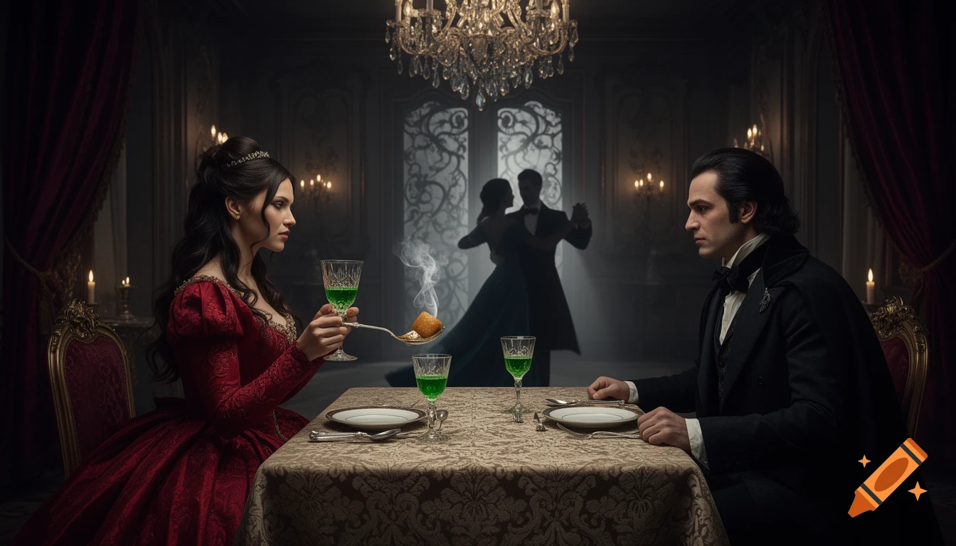 A woman in a red gown and a man in Victorian attire sit at a lavish dinner table with green absinthe, a sugar cube on fire, and silhouetted dancers in the background.