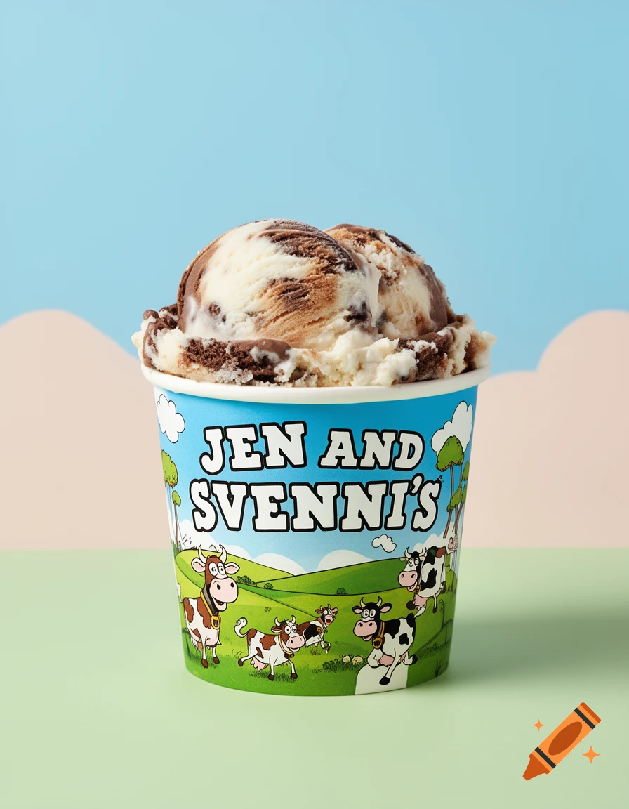 A cup of swirled vanilla and chocolate ice cream with a light blue label featuring 'JEN AND SVENNI'S' and cartoon cows.