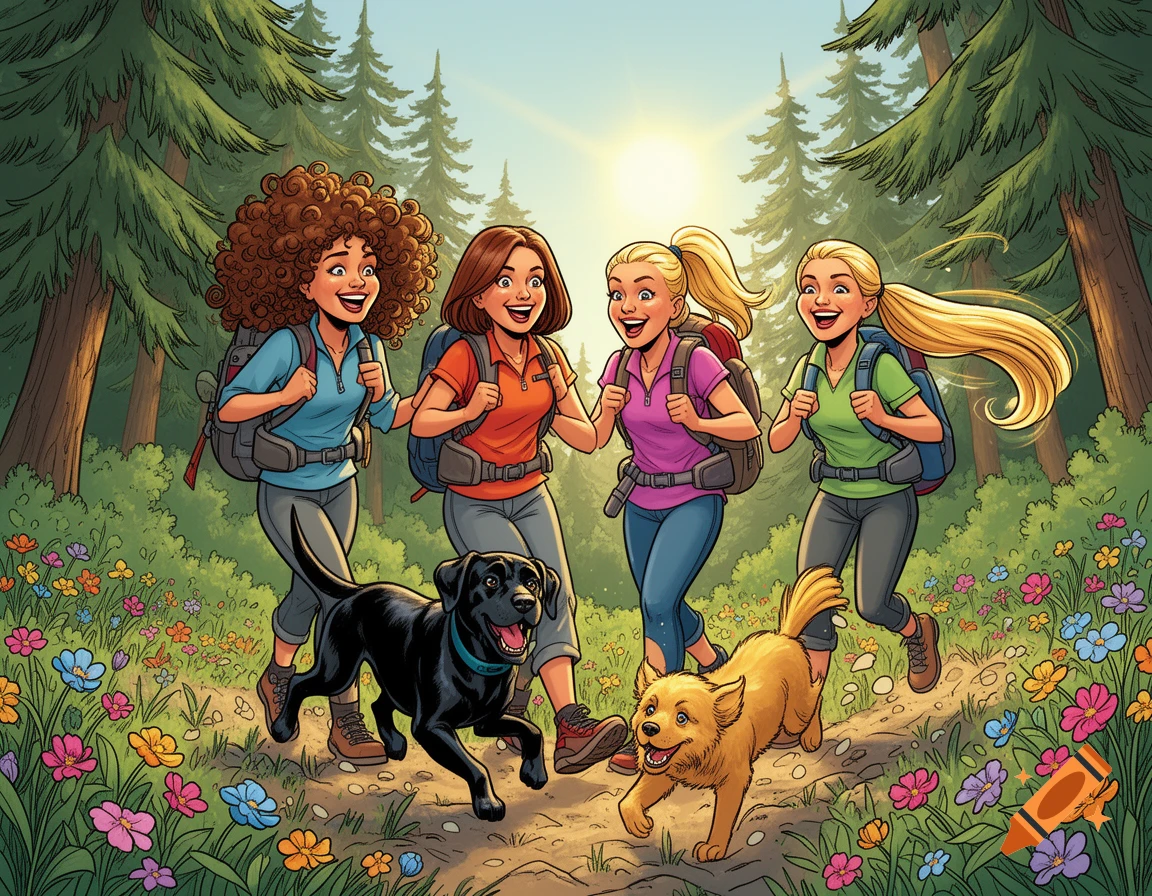 Four smiling women and two dogs, a black labrador and a golden dog, hike on a sunny path through a forest in a cheerful comic art style.