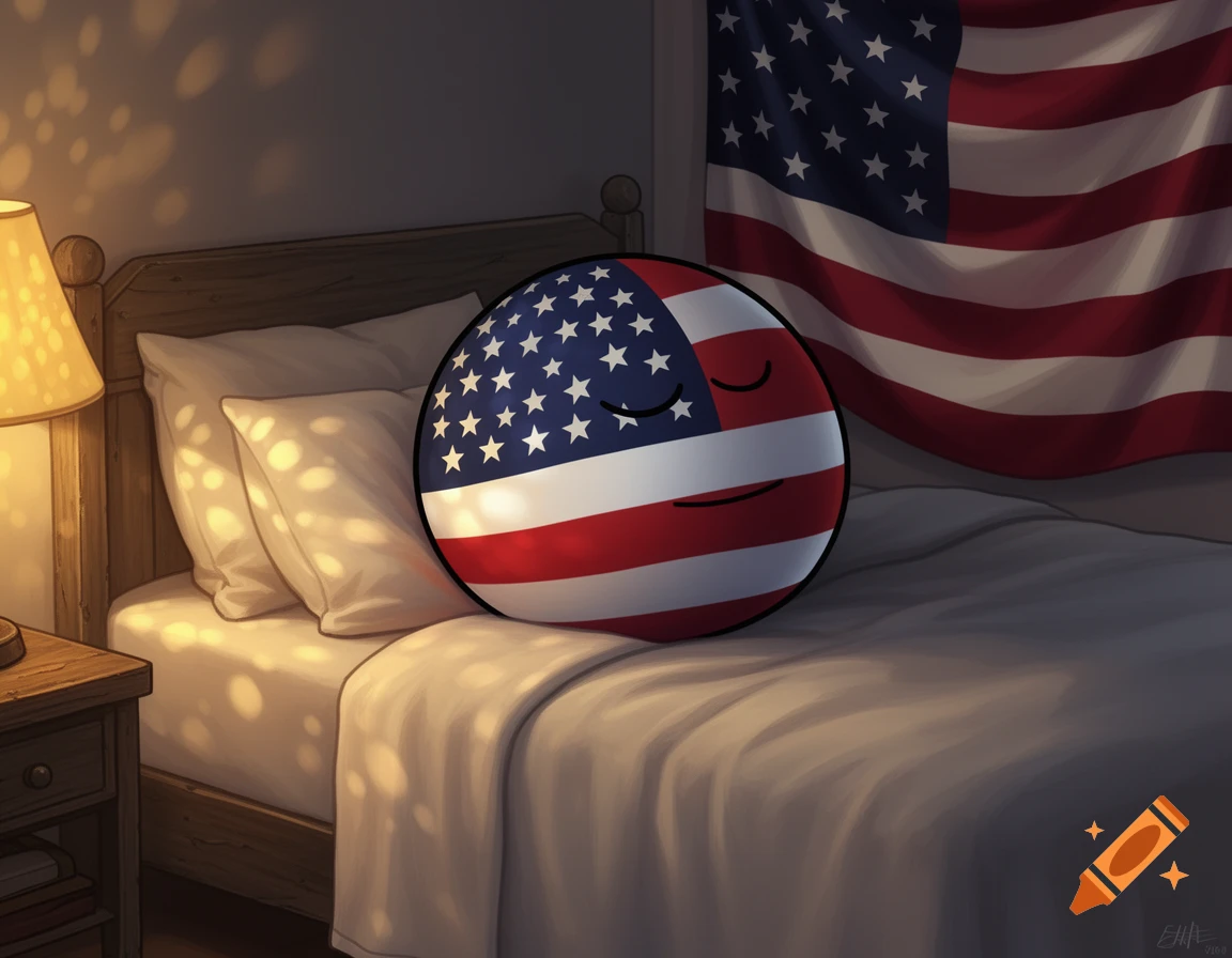 A sleeping Countryball USA character rests on a bed in a bedroom with an American flag hanging on the wall. The room is dimly lit by a lamp.
