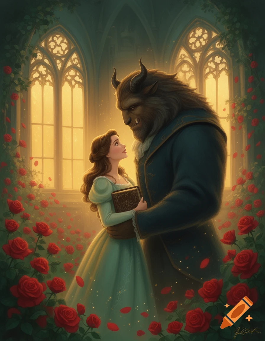 Belle and the Beast stand embraced in an enchanted castle room filled with red roses, golden light streaming through gothic windows, in an illustrative style.