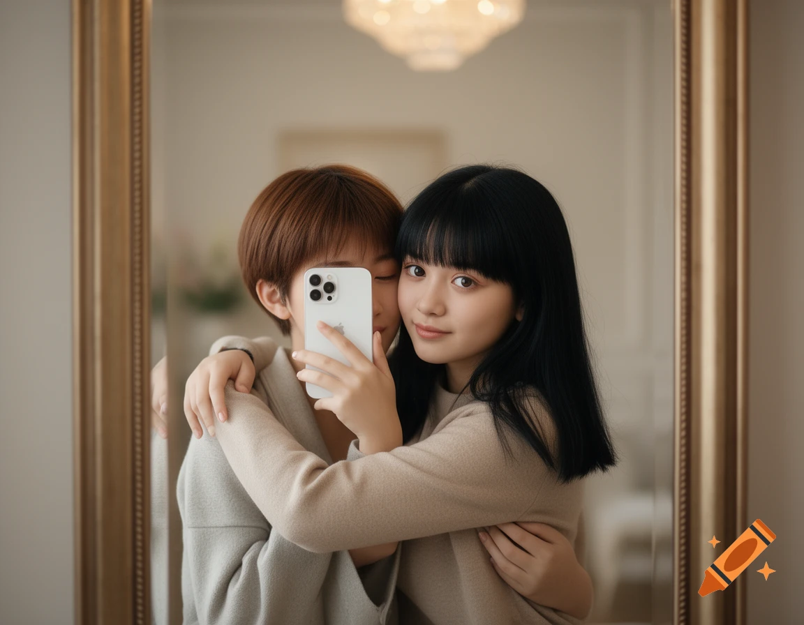 Two young women, one with black hair, the other with short brown hair, hugging and taking a selfie in a mirror with a white iPhone, photorealistic.