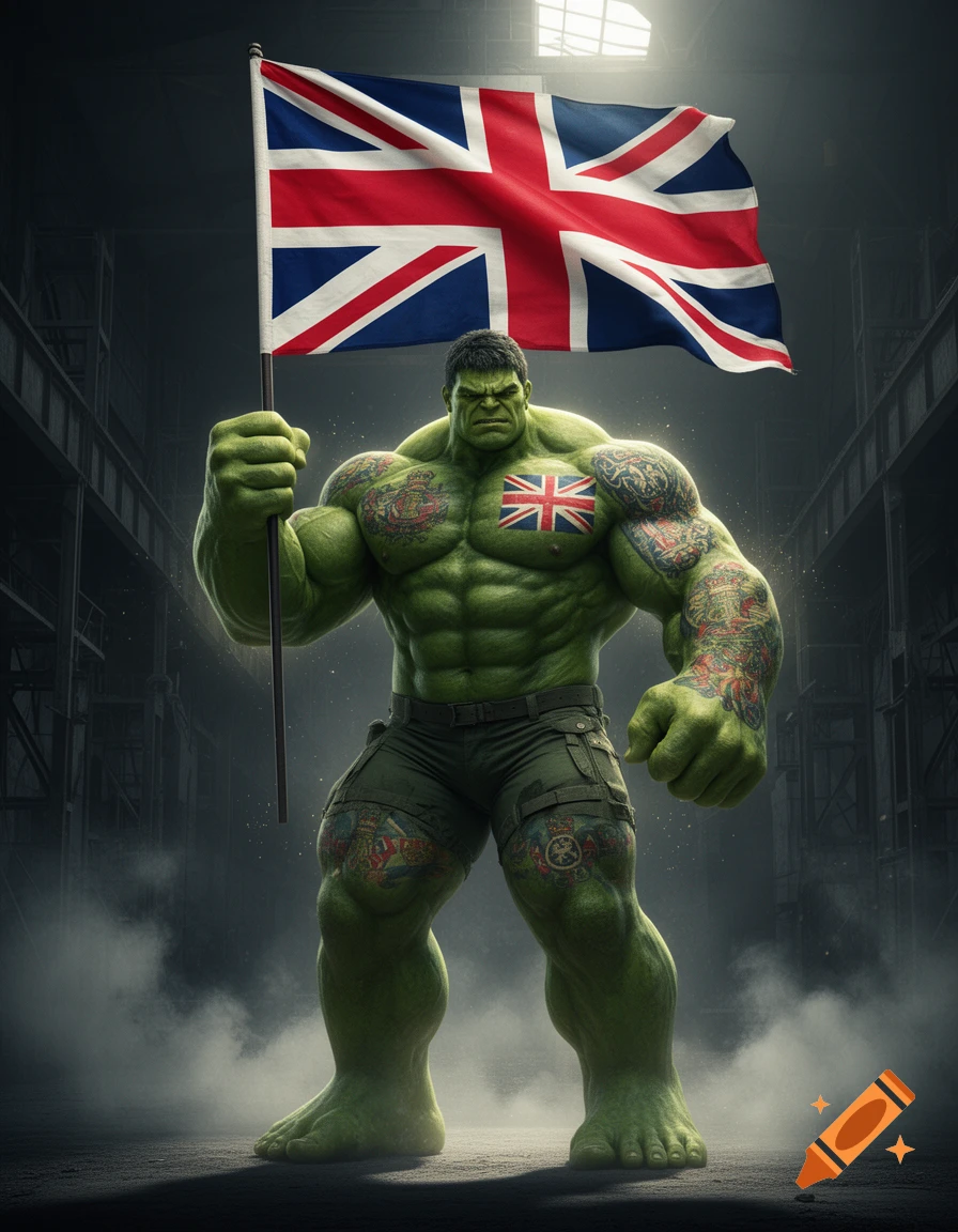 A muscular, green, tattooed Hulk-like figure, wearing green cargo shorts, holds a large British Union Jack flag in a dark industrial setting.