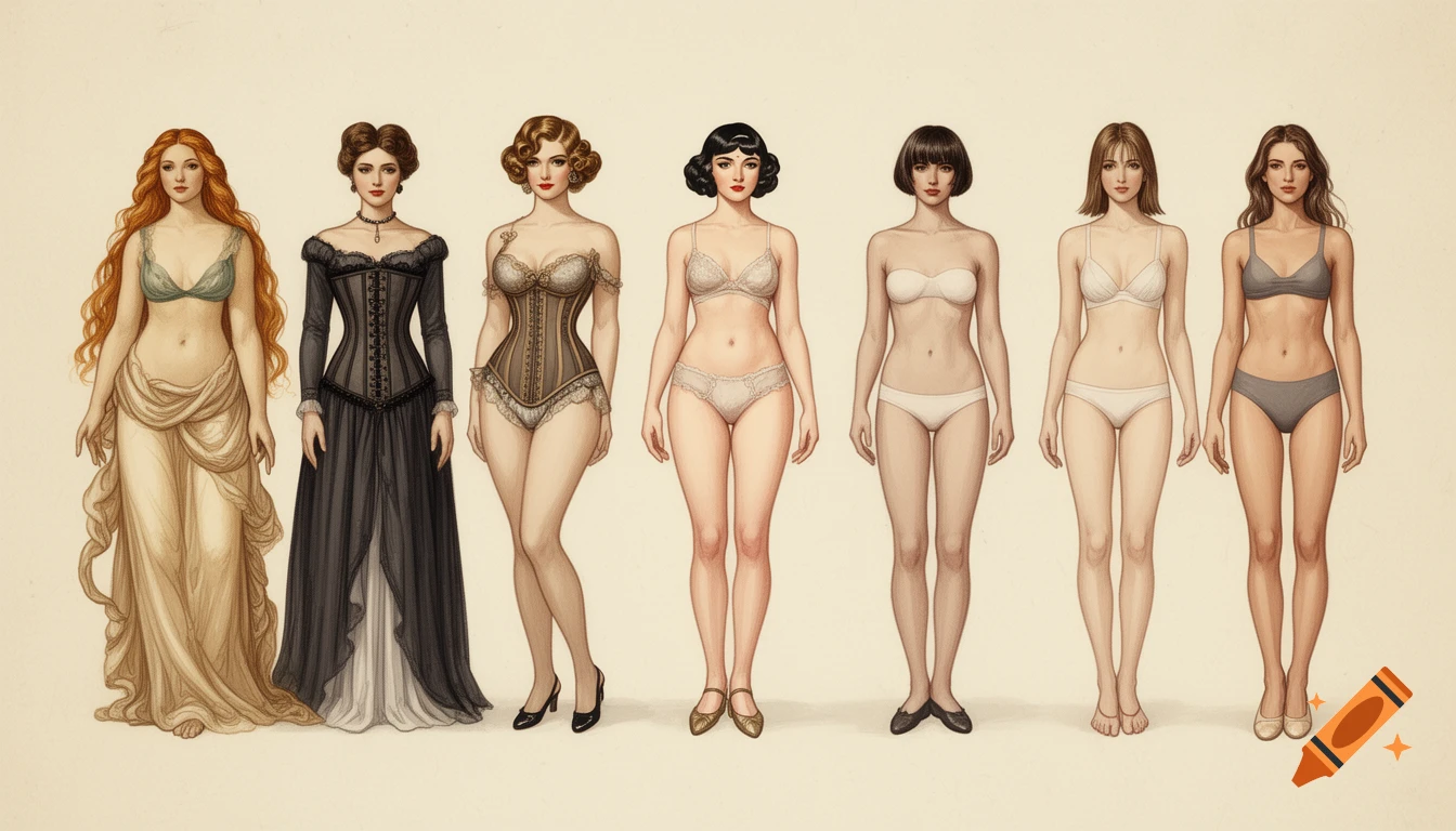Artistic illustration of seven adult women standing side by side, showcasing different female beauty standards and underwear from various historical periods in a painterly style.