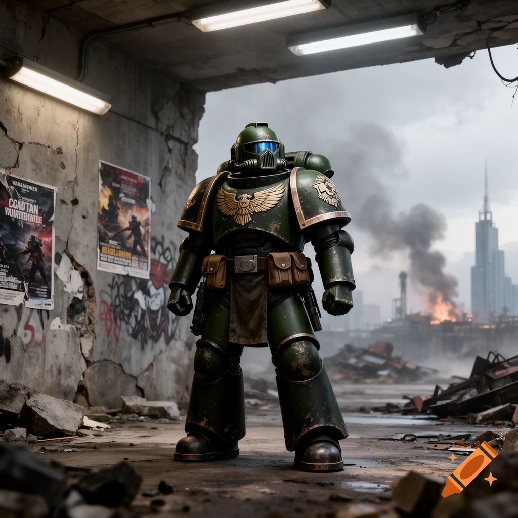 A photorealistic Space Marine in green power armor stands in a ruined city with smoke and fire in the background.