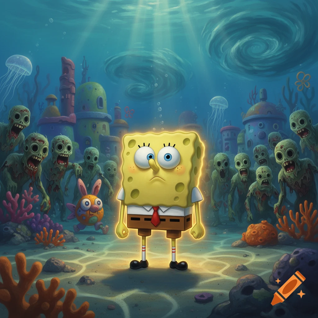 SpongeBob SquarePants stands nervously underwater, glowing slightly, as a horde of green zombie-like creatures approach him. Colorful coral and buildings are in the background.
