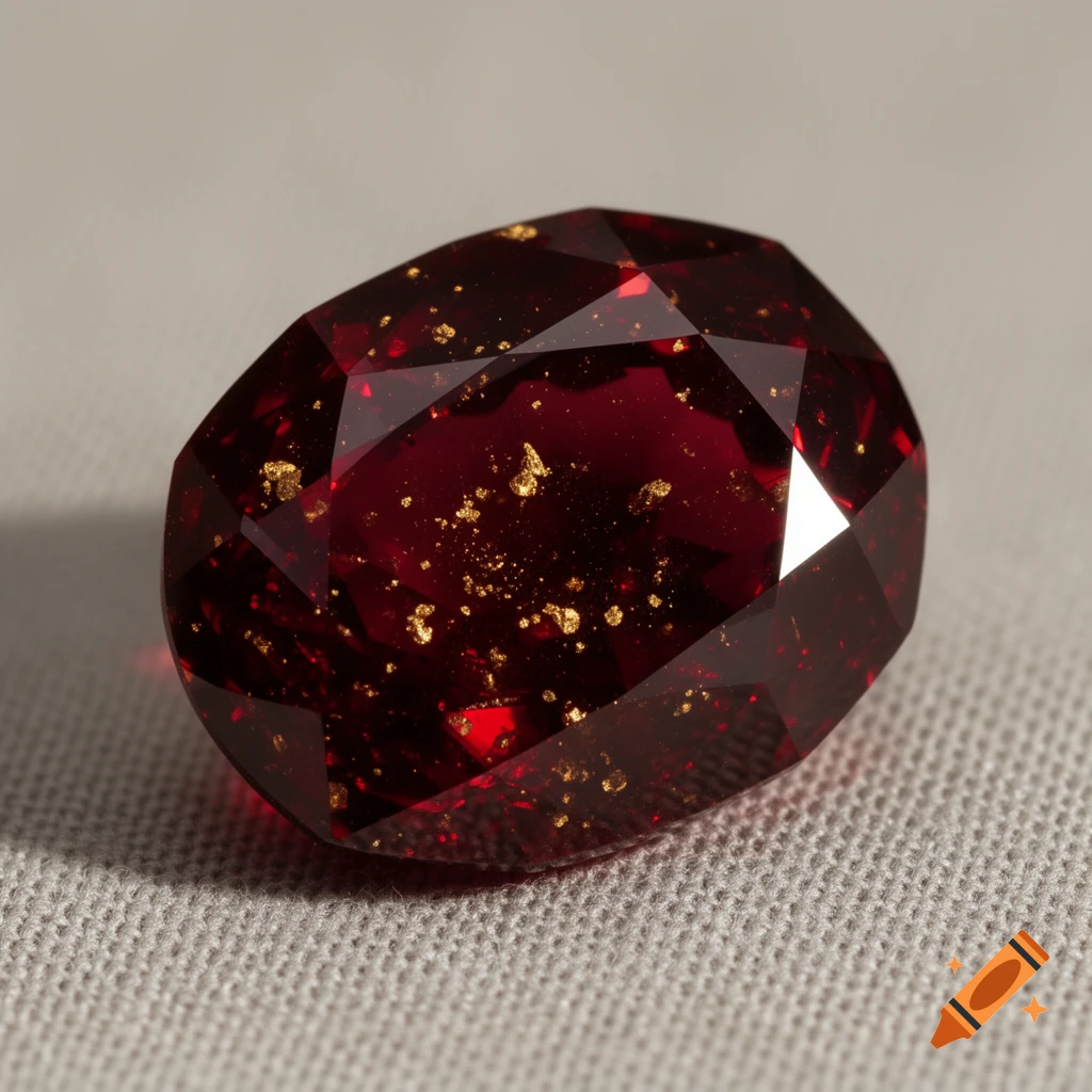 A dark red faceted gemstone with numerous small gold flecks embedded within, resting on a light gray textured surface.