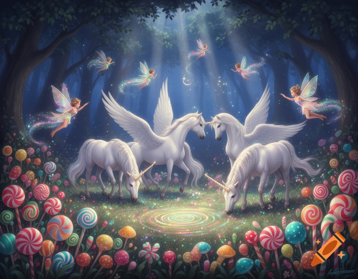 An enchanted forest scene with five white unicorns and pegasi grazing on glowing grass, surrounded by giant lollipops and candies, while five fairies fly overhead creating sparkling trails. Sunlight beams down through the dark trees.