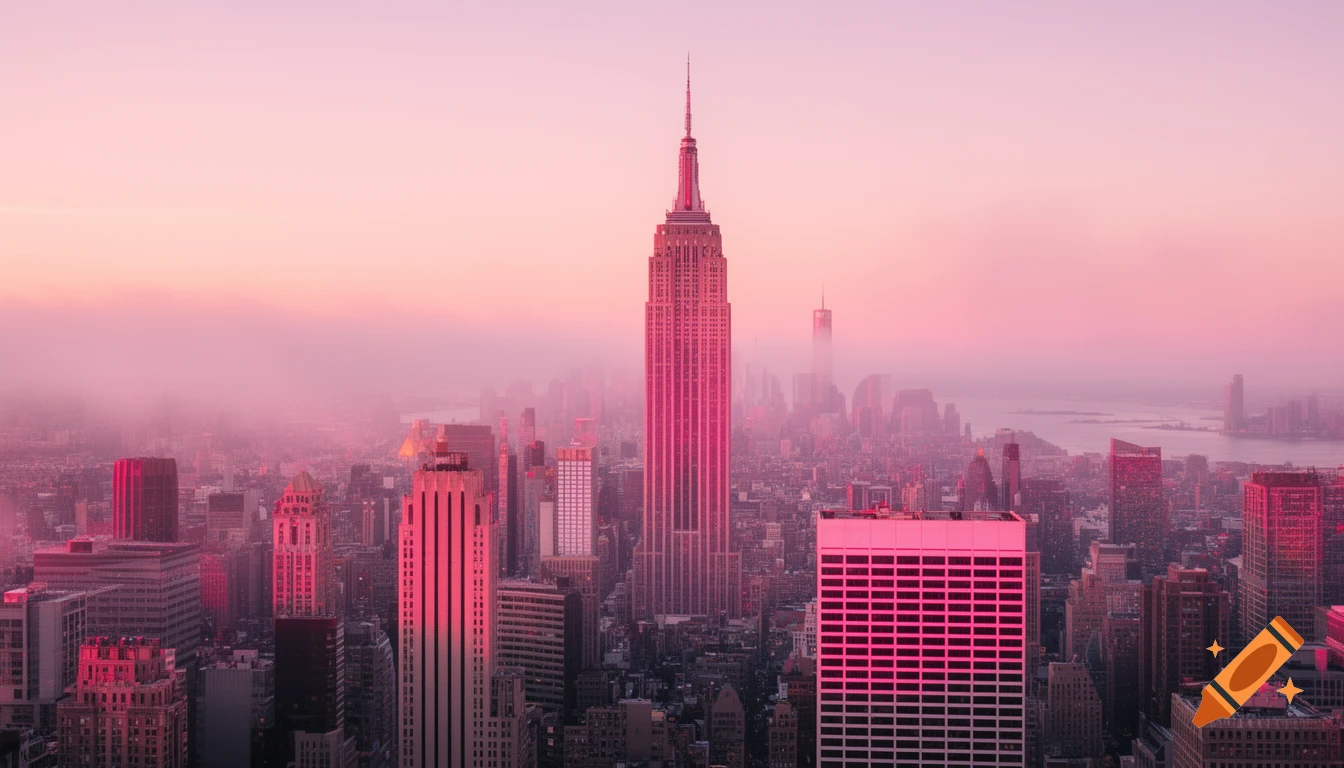 A vibrant, hazy pink sunrise over the Empire State Building and New York City skyline, with warm light reflecting on glass facades.