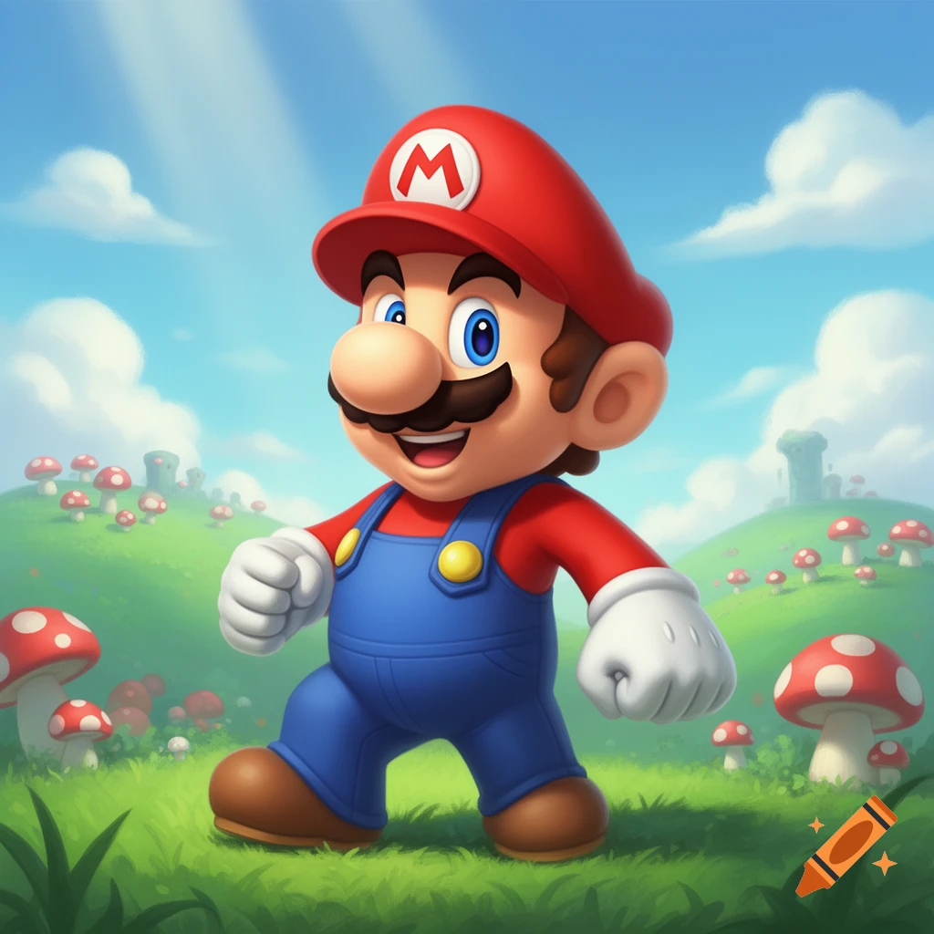 A smiling Mario in his iconic red hat and blue overalls walks through a bright green field filled with red and white mushrooms under a sunny blue sky.