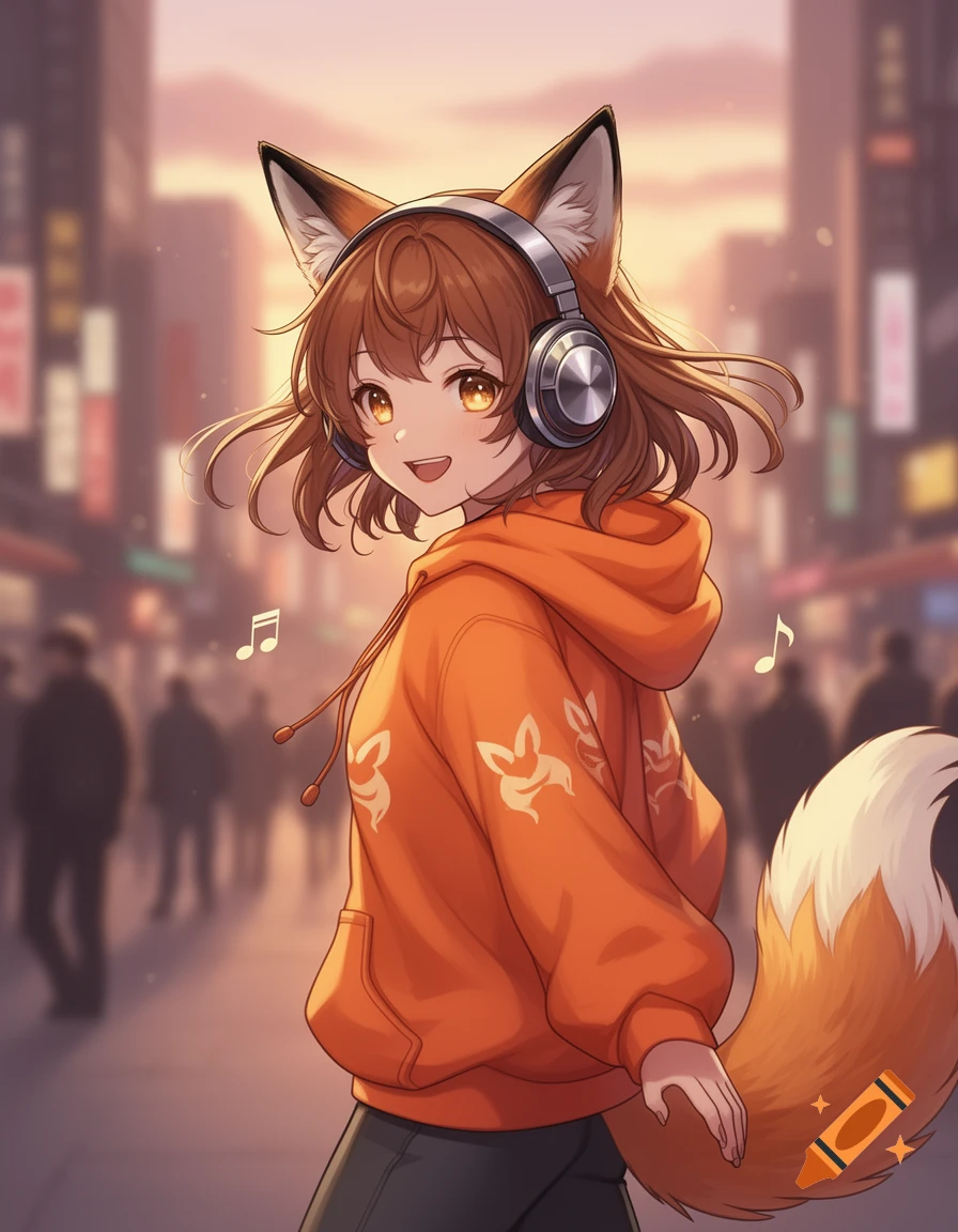 Anime fox girl with an orange hoodie and headphones, smiling while walking on a city street at sunset.