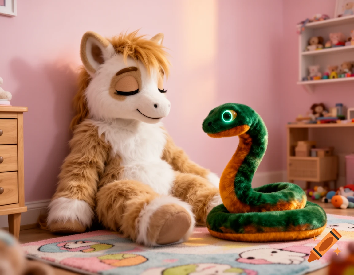 A large, fluffy pony fursuit sits against a pink wall in a child's room, smiling softly with closed eyes, looking at a green and orange snake puppet with glowing eyes.