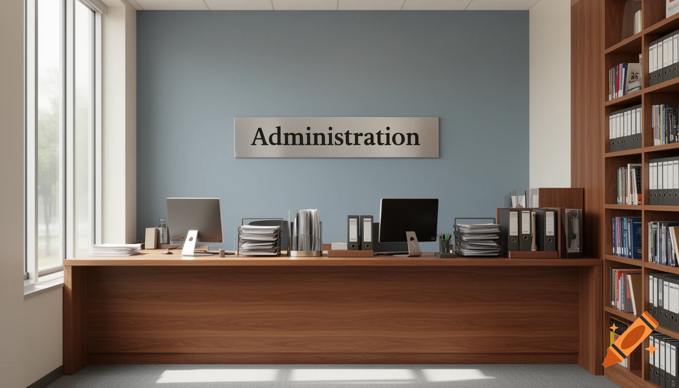 A modern office reception area with a wooden desk, computers, and a sign reading 'Administration' on a blue wall, next to a window and a bookshelf.