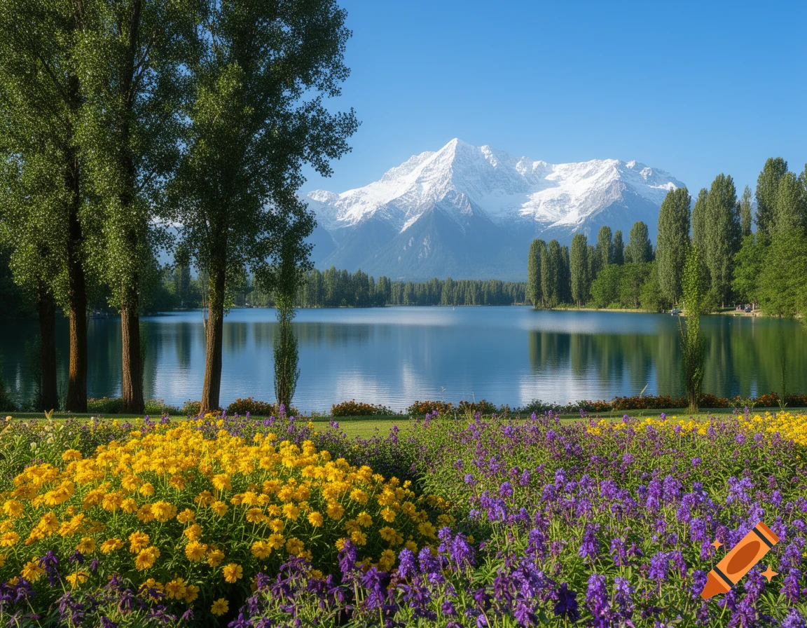 A serene lake reflects snow-capped mountains under a clear blue sky ...