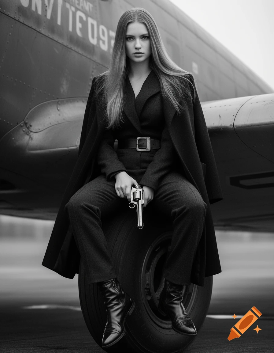 Black and white photorealistic image of a woman in a dark suit and coat, holding a revolver, sitting on an airplane wheel.