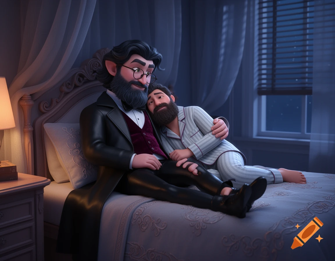 A 3D animation of two bearded men cuddling on a bed in a dimly lit bedroom at night. One wears a tuxedo and glasses, the other pajamas.