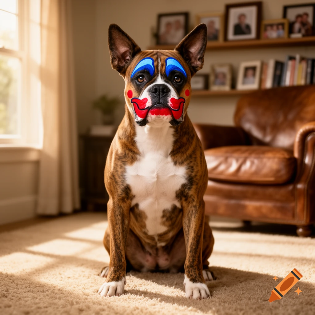 A photorealistic boxer dog sits on a carpet, wearing blue and red clown makeup in a sunlit room.