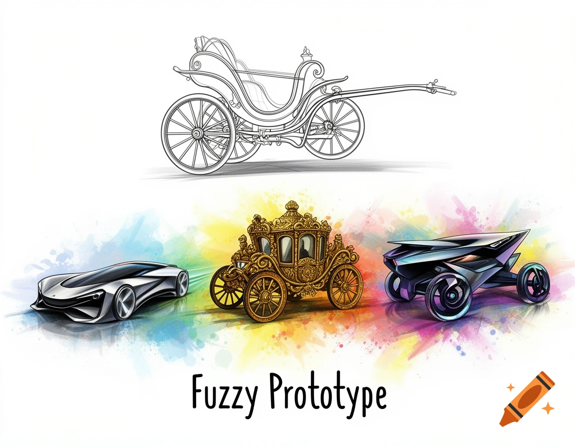 An illustration features a line drawing of a chariot above three colorful, stylized vehicle prototypes. Text reads 'Fuzzy Prototype'.