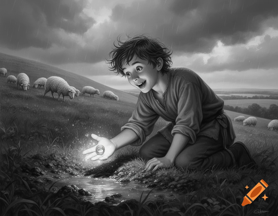 A young boy kneels, excitedly looking at a glowing magical ring he found in the ground on a rainy, sheep-filled hillside. Black and white illustration.