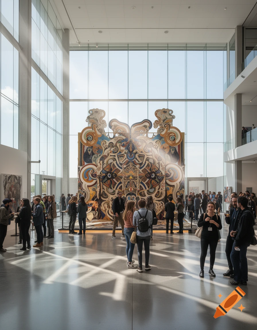 Visitors admire a large, ornate art installation in a spacious, modern museum with high glass walls and sun rays.