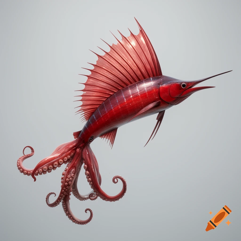 A vibrant red hybrid creature, part marlin with a prominent sailfin and part octopus with tentacles for a tail, against a light gray background.
