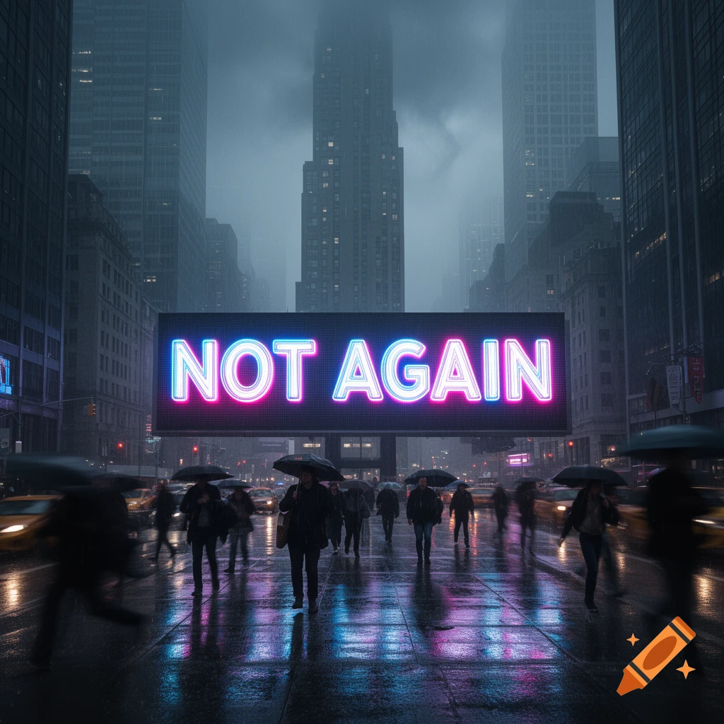 A vibrant neon sign displaying 'NOT AGAIN' illuminates a rainy city street with blurred pedestrians and reflections.