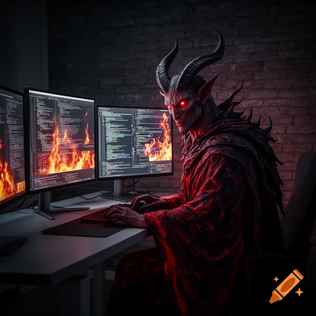 A horned demonic figure with glowing red eyes sits at a desk with three computer monitors displaying fiery code.