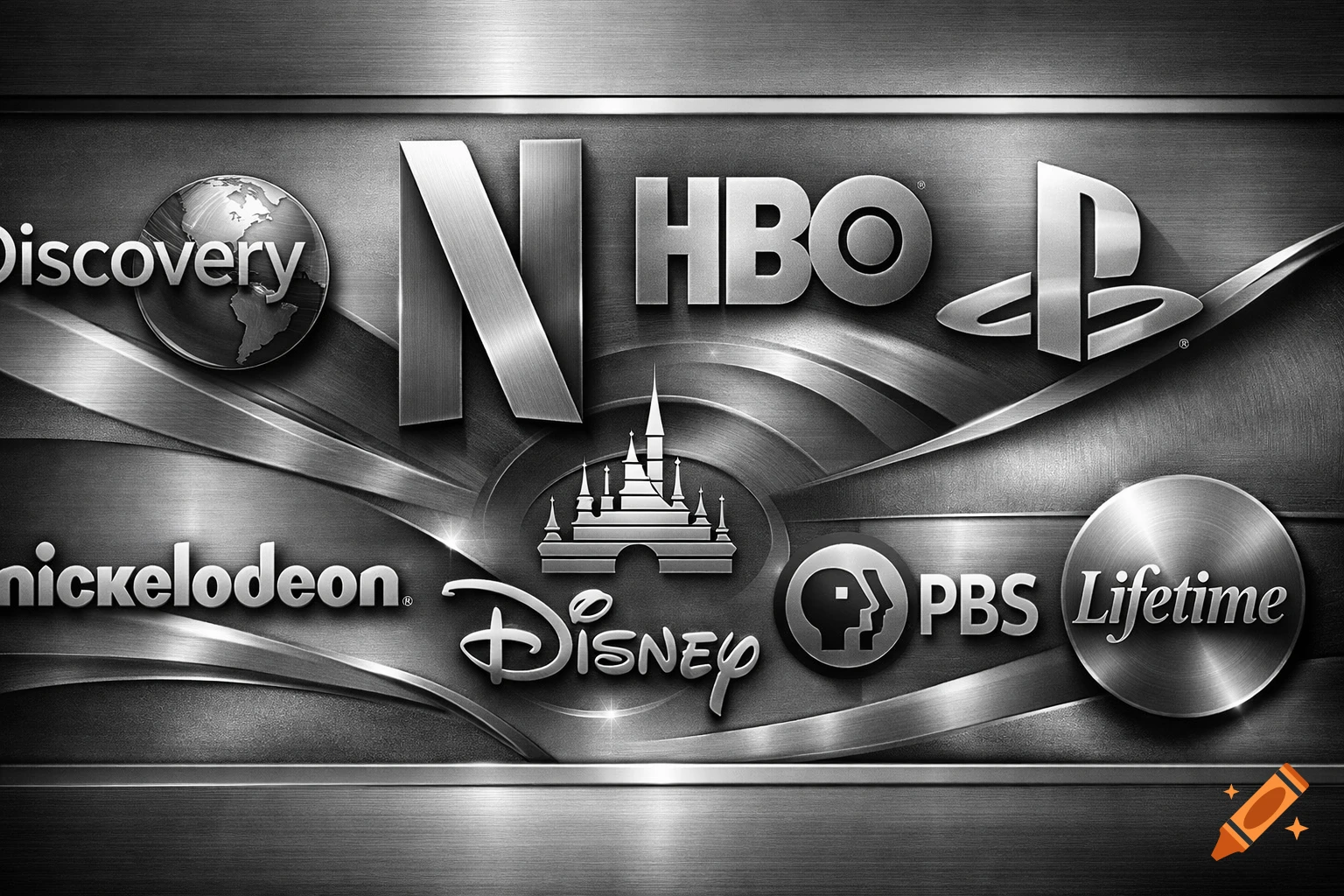 Grayscale metallic collage of logos including Discovery, Netflix, HBO, PlayStation, Nickelodeon, Disney, PBS, and Lifetime.