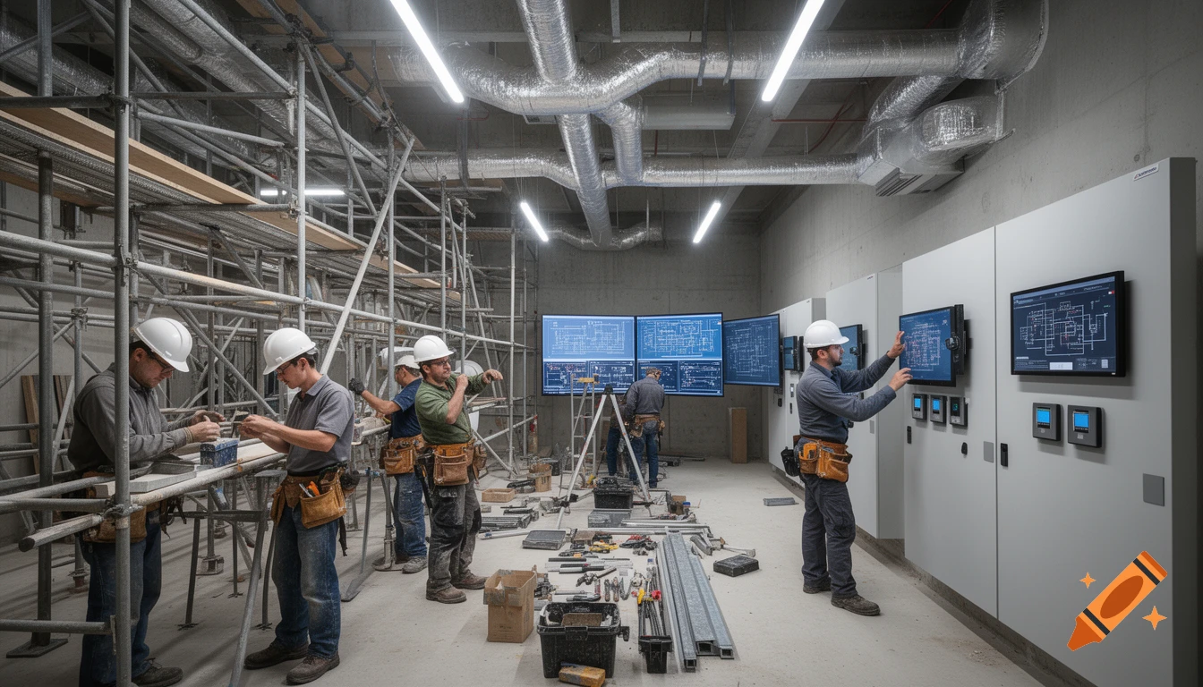 Construction workers in hard hats and tool belts work on an indoor site with scaffolding, tools, and multiple screens displaying technical blueprints and schematics.