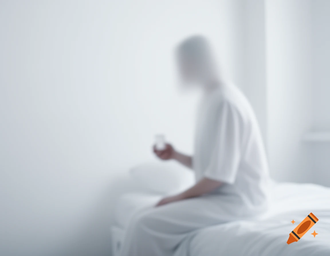 A blurry, ghostly person in a white robe sits on a bed, holding an indistinct object, in a minimalist white room, conveying a somber mood.
