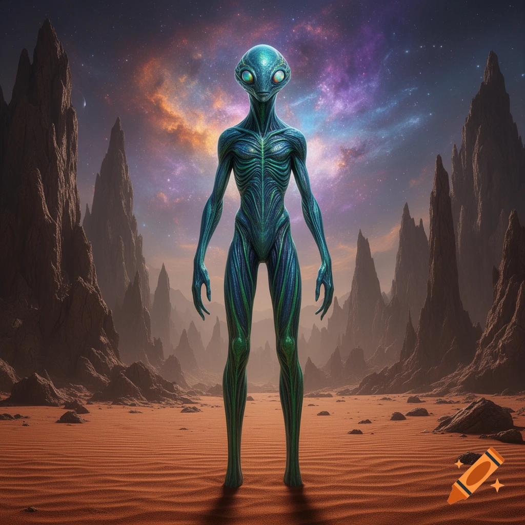A slender, blue-green alien with large eyes stands on a reddish desert plain surrounded by jagged rock formations under a vibrant nebula sky.
