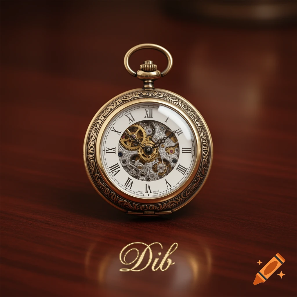 A vintage gold pocket watch with exposed gears sits on a polished wooden surface, with the word "Dib" in cursive below it.
