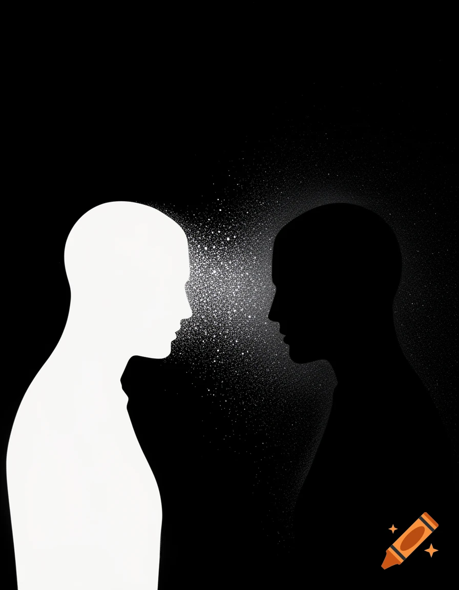 Minimalist art with white and black silhouettes facing each other, white particles between them, on a black background.