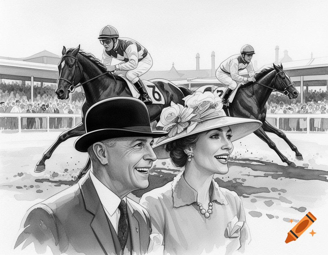 Black and white watercolor of elegantly dressed spectators watching two jockeys ride horses during a race.
