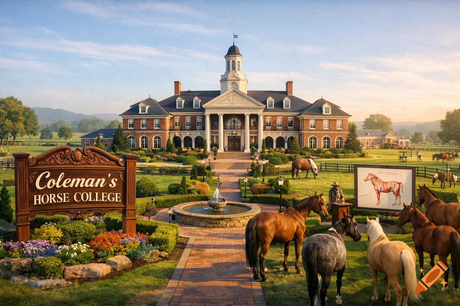 Photorealistic scene of Coleman's Horse College, a grand brick building with horses grazing on lawns and a man teaching a group of horses.