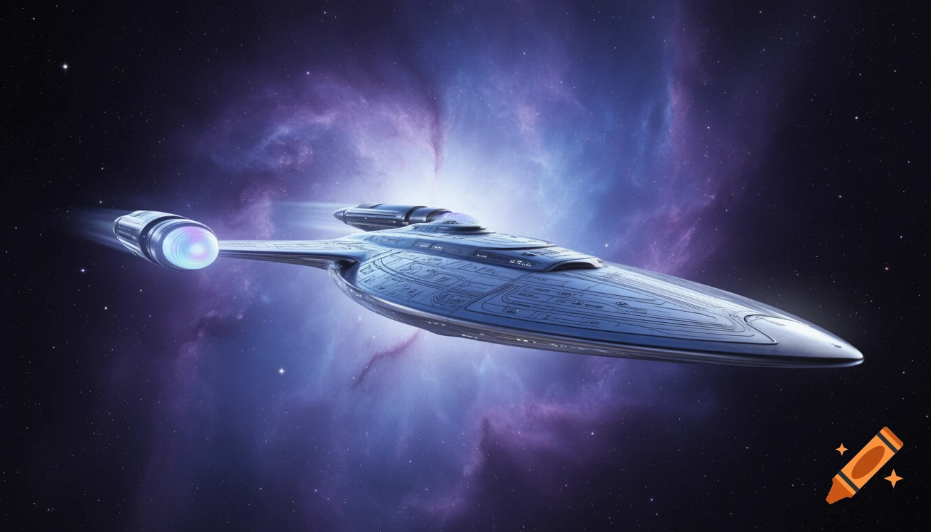 A sleek, futuristic silver and blue spaceship with glowing engines flies through a purple and blue nebula in deep space.