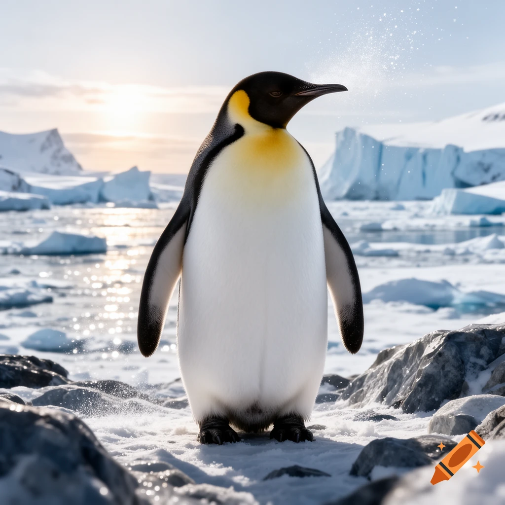 A photorealistic emperor penguin stands prominently on a snowy, rocky shore, with icebergs and a bright sunlit horizon in the arctic background.