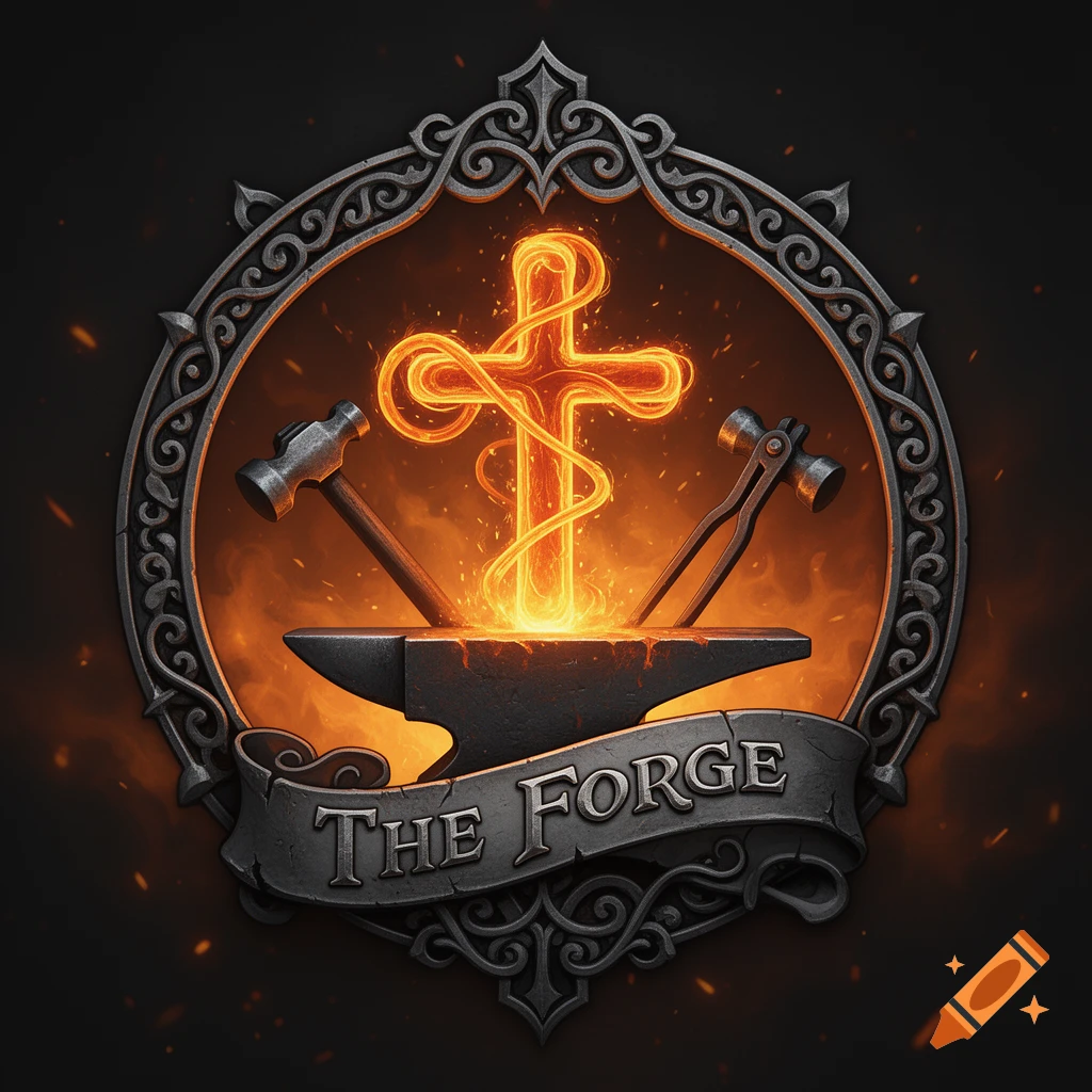 Ornate logo of a fiery cross being forged on an anvil with hammer and tongs, framed in metal, and 'THE FORGE' on a banner.