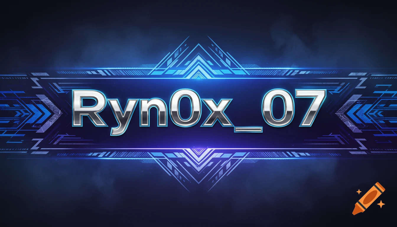 A metallic 3D text 'Ryn0x_07' displayed on a futuristic blue digital banner with geometric patterns and light effects.