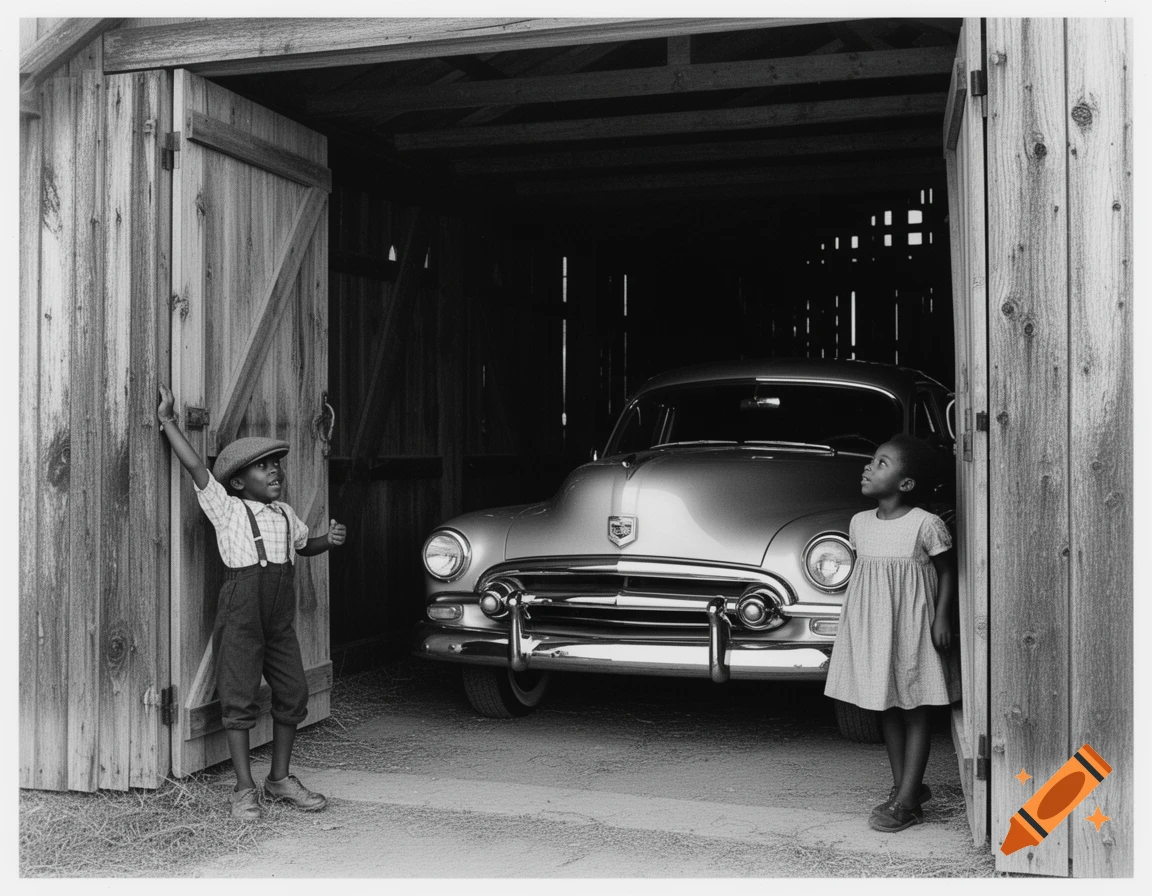 Black and white photo of two African American children by open barn doors with a vintage silver car inside.