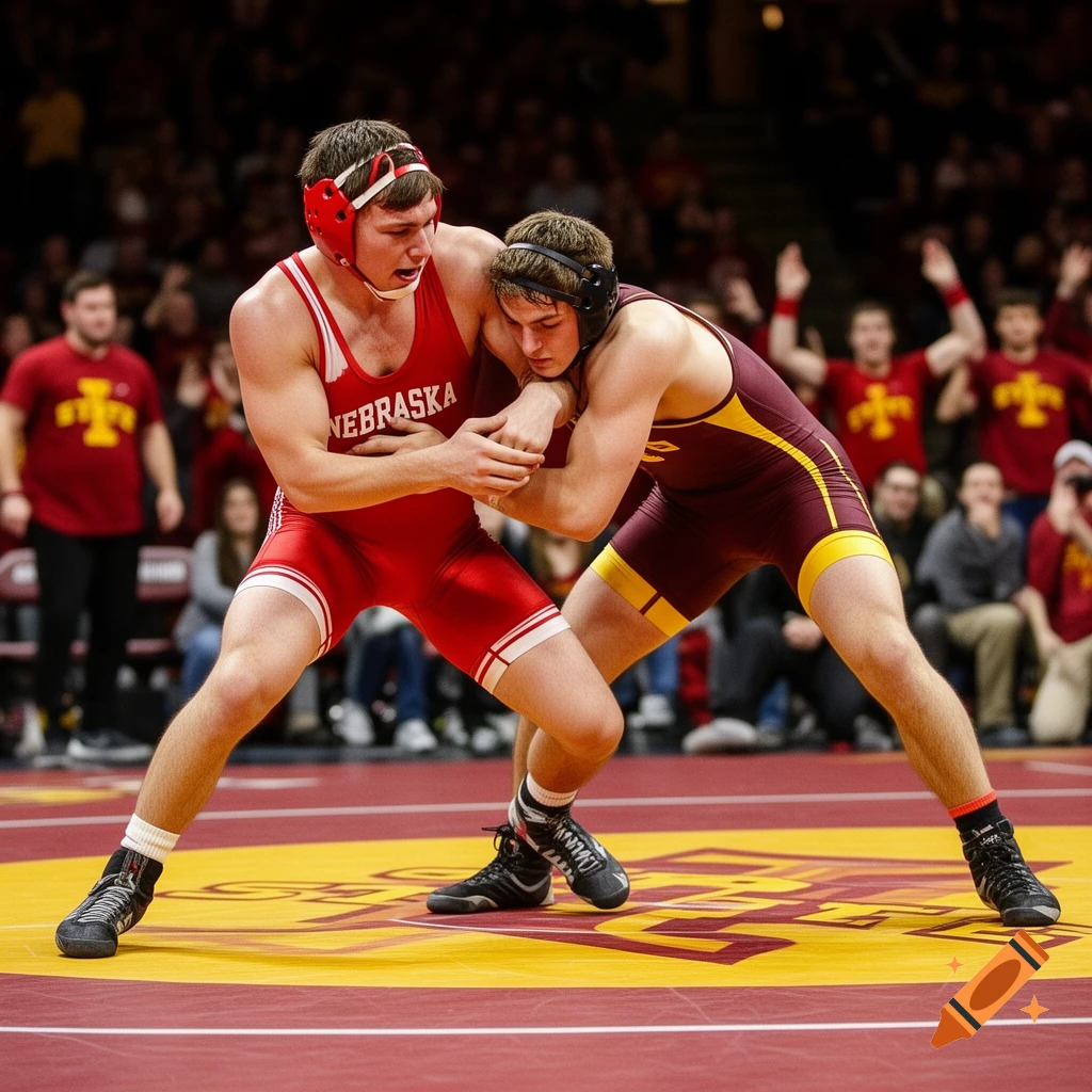 Two male wrestlers in red and maroon singlets grappling on a yellow and red mat during a competitive match.
