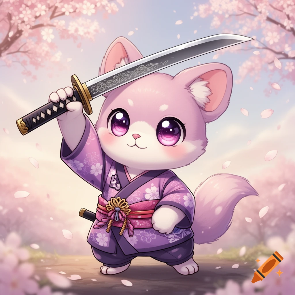 A cute pink fox-like animal in a purple kimono holds a katana sword under cherry blossom trees.