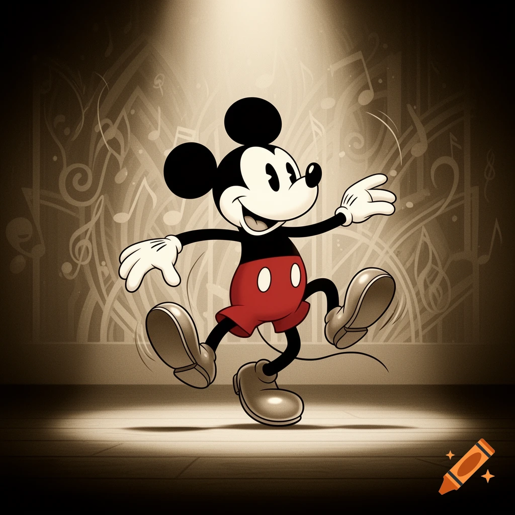 Mickey Mouse dancing on a stage in a sepia-toned 1930s cartoon style, with musical notes in the background.