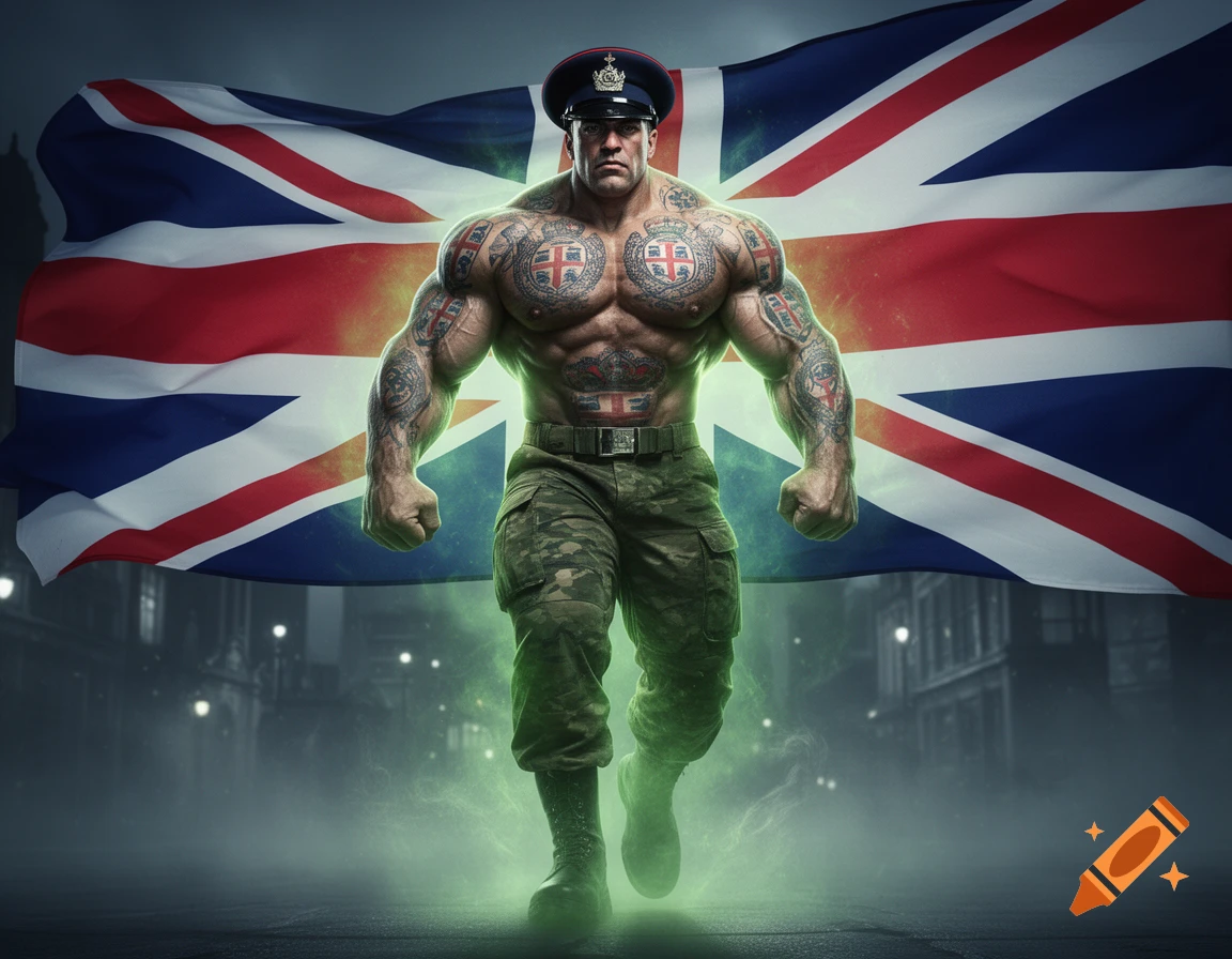 A heavily muscled, tattooed man in a military cap and camouflage pants stands in front of a Union Jack flag, with green glowing energy around his feet.